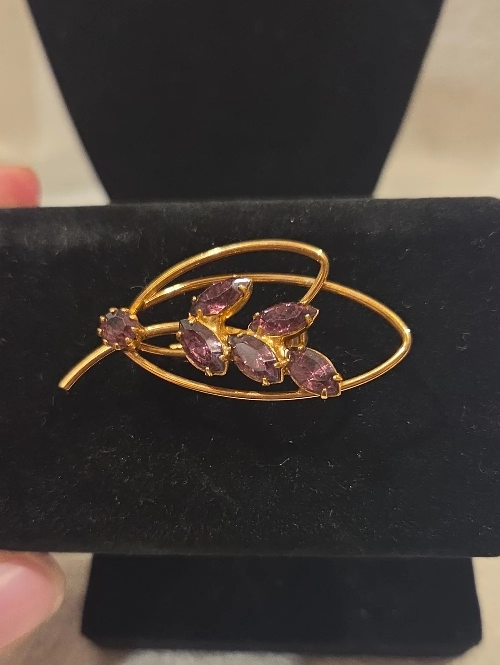 Gold-Tone Leaf Brooch with Purple Marquise Stones